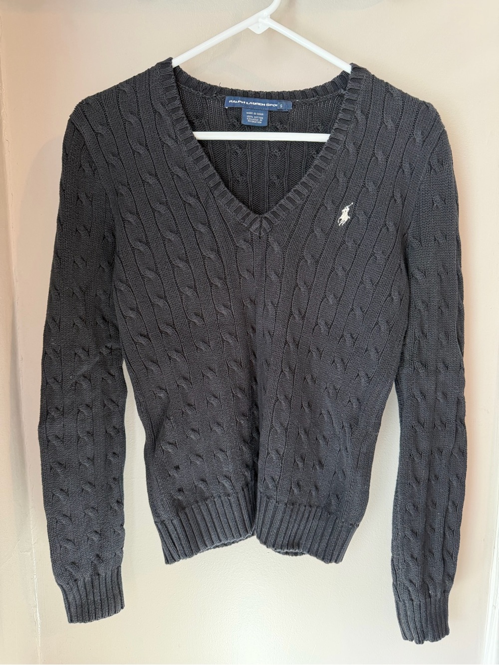 Ralph Lauren Women's Black Cable V-Neck Sweater with Pony Logo
